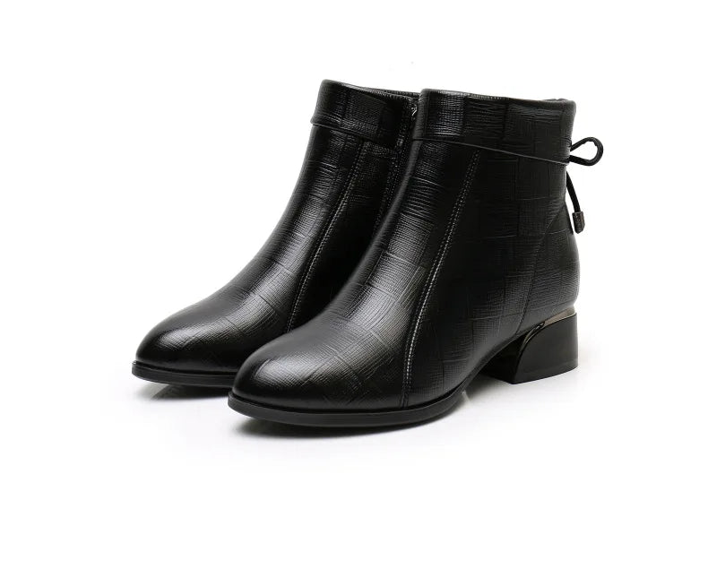 GKTINOO New Ankle Boots Women Pointed Toe Thick Heels Genuine Leather Shoes Short Boots Soft Sole Footwear Plus Size 35-43