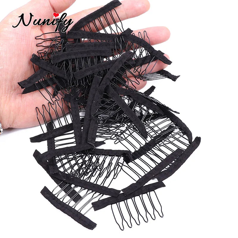 Nunify 12-24Pcs/Lot Black Wig Comb Clips With Steel Tooth Polyester Cloth Wig Accessories Styling Tools Convenient For Hair