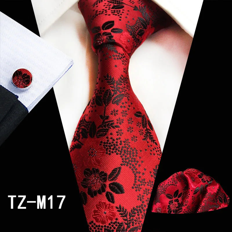 Ricnais Fashion 8cm Men's Silk Tie Set Red Green Floral Handkershief Cufflinks Necktie Suit Business Wedding Neck Ties Set Gift