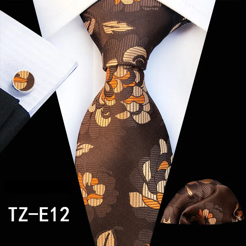 Ricnais Fashion 8cm Men's Silk Tie Set Red Green Floral Handkershief Cufflinks Necktie Suit Business Wedding Neck Ties Set Gift