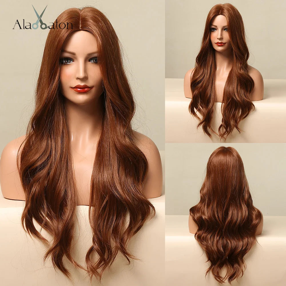 ALAN EATON Long Wave Dark Brown Synthetic Wigs for Black Women Middle Parted Wigs with Highlights Cosplay Hair Heat Resistant