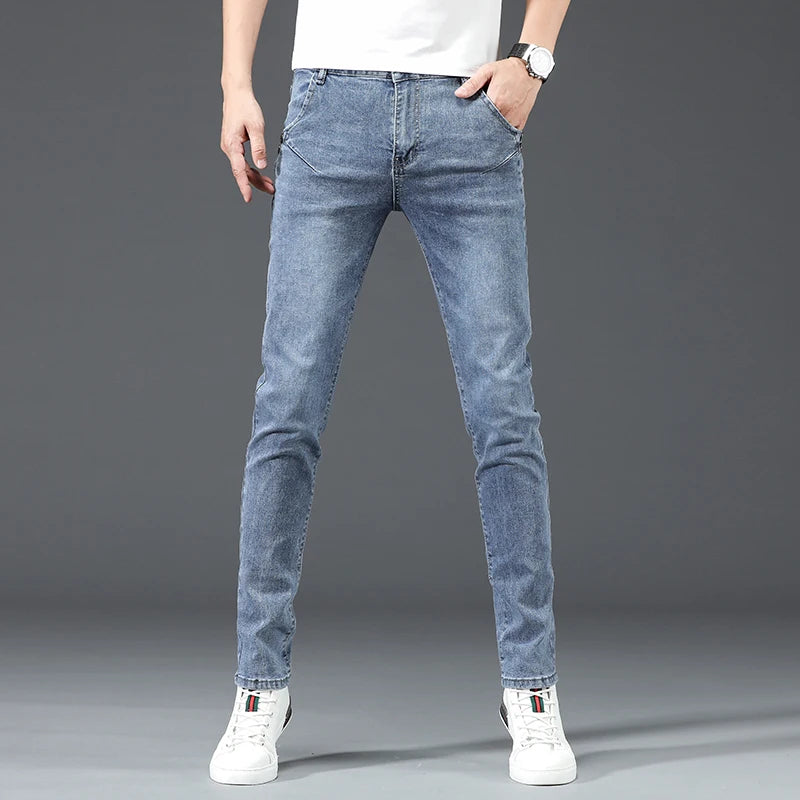Trendy Men Skinny Jeans Retro Washed Snowflake Slim Fit Type Classic Simple Casual Fashion Street Skateboarding Denim Pants