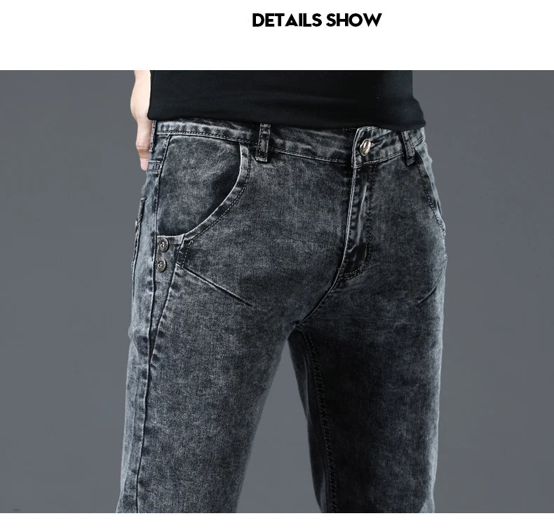 Trendy Men Skinny Jeans Retro Washed Snowflake Slim Fit Type Classic Simple Casual Fashion Street Skateboarding Denim Pants