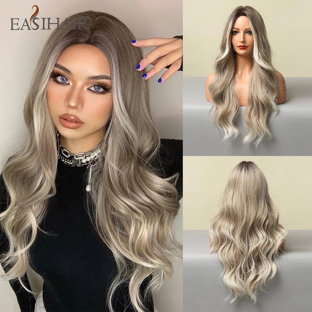 EASIHAIR Ombre Brown Light Blonde Platinum Long Wavy Middle Part Hair Wig Cosplay Natural Heat Resistant Synthetic Wig for Women