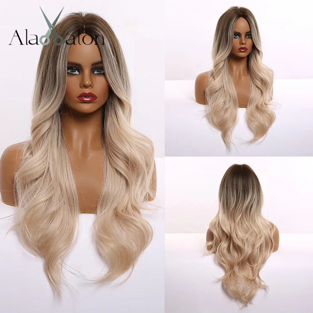 ALAN EATON Long Wave Dark Brown Synthetic Wigs for Black Women Middle Parted Wigs with Highlights Cosplay Hair Heat Resistant