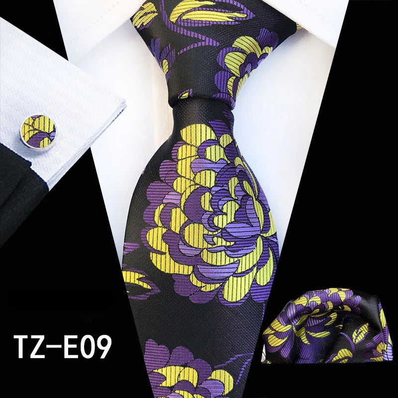 Ricnais Fashion 8cm Men's Silk Tie Set Red Green Floral Handkershief Cufflinks Necktie Suit Business Wedding Neck Ties Set Gift