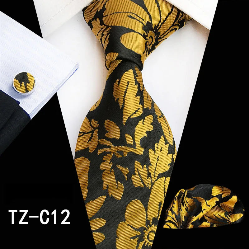 Ricnais Fashion 8cm Men's Silk Tie Set Red Green Floral Handkershief Cufflinks Necktie Suit Business Wedding Neck Ties Set Gift