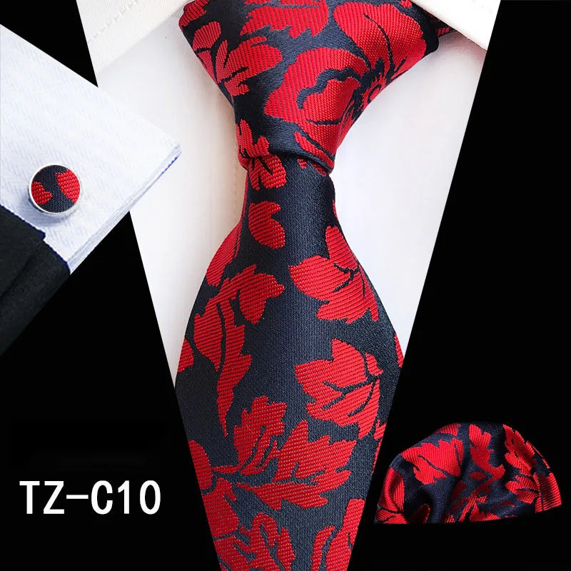 Ricnais Fashion 8cm Men's Silk Tie Set Red Green Floral Handkershief Cufflinks Necktie Suit Business Wedding Neck Ties Set Gift