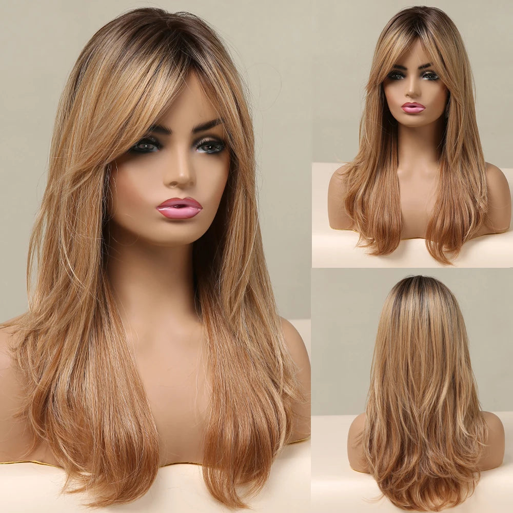ALAN EATON Long Straight Layered Synthetic Wigs with Bangs Blonde Highlights on Brown Wigs for Black Women Afro Daily Party Hair