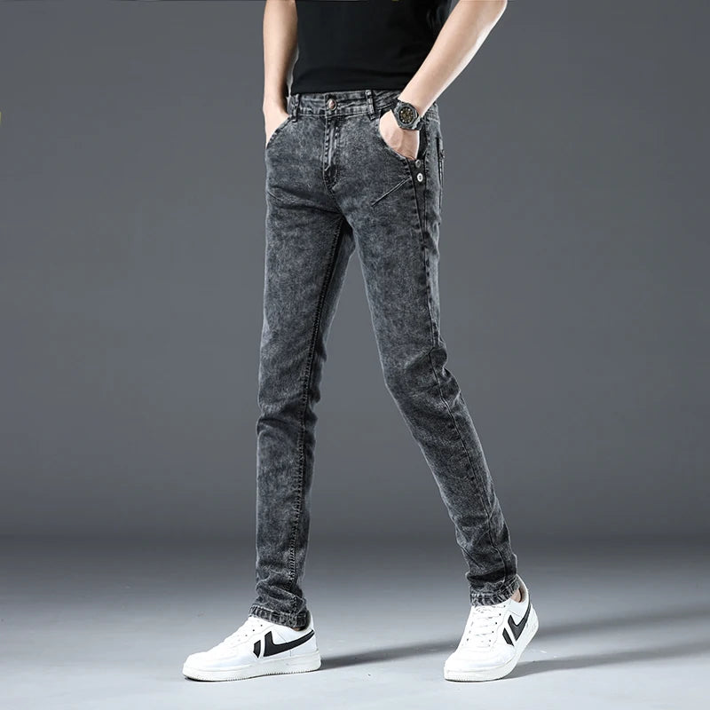 Trendy Men Skinny Jeans Retro Washed Snowflake Slim Fit Type Classic Simple Casual Fashion Street Skateboarding Denim Pants