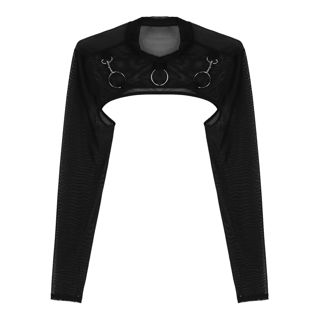 MSemis Male Mens Transparent Moto Sexy Tops Long Sleeve O-Ring Decor T-Shirt See-Through Mesh Half Crop Top Party Clubwear