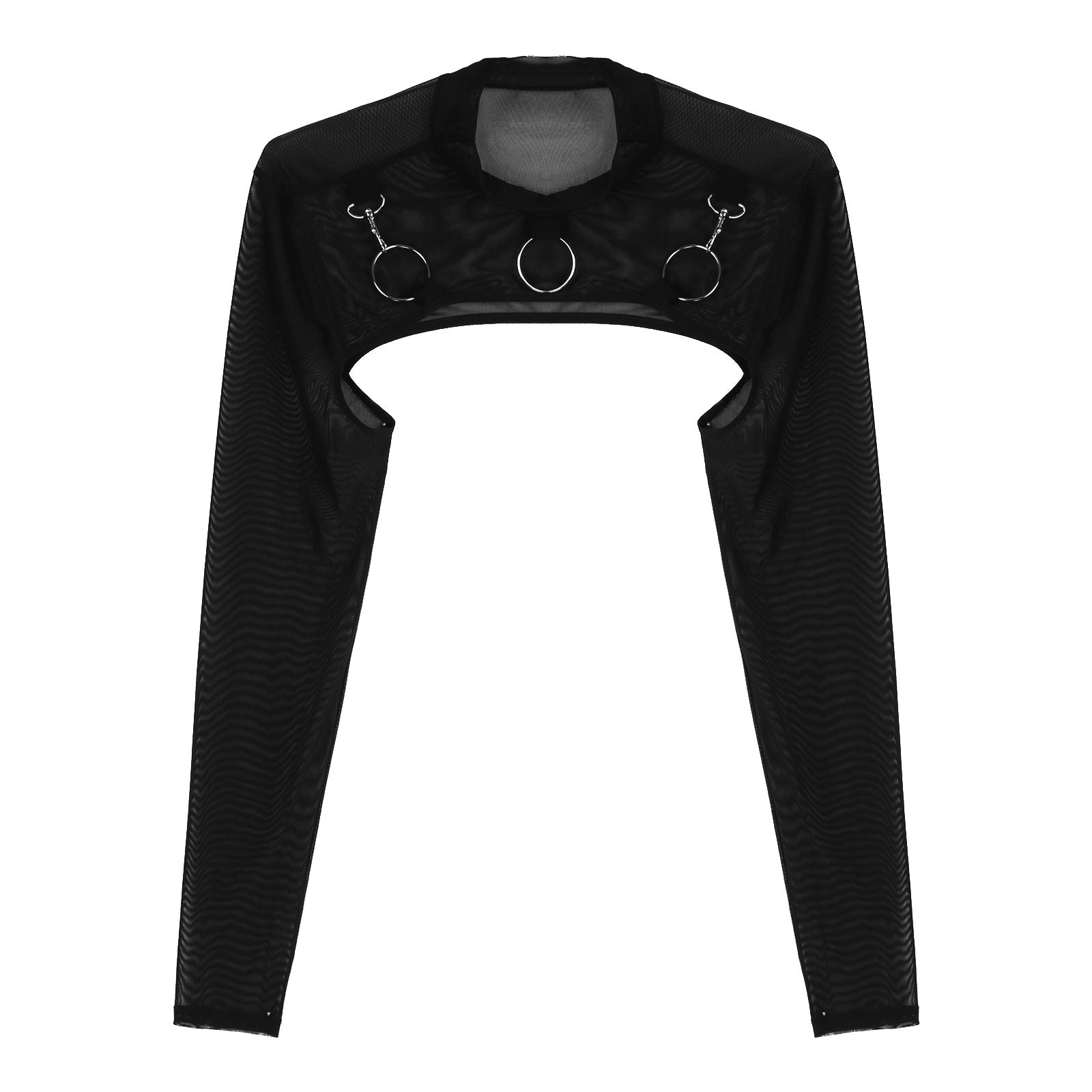 MSemis Male Mens Transparent Moto Sexy Tops Long Sleeve O-Ring Decor T-Shirt See-Through Mesh Half Crop Top Party Clubwear