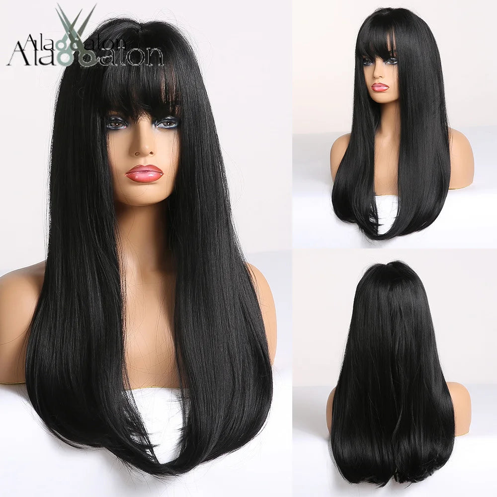 ALAN EATON Long Straight Layered Synthetic Wigs with Bangs Blonde Highlights on Brown Wigs for Black Women Afro Daily Party Hair