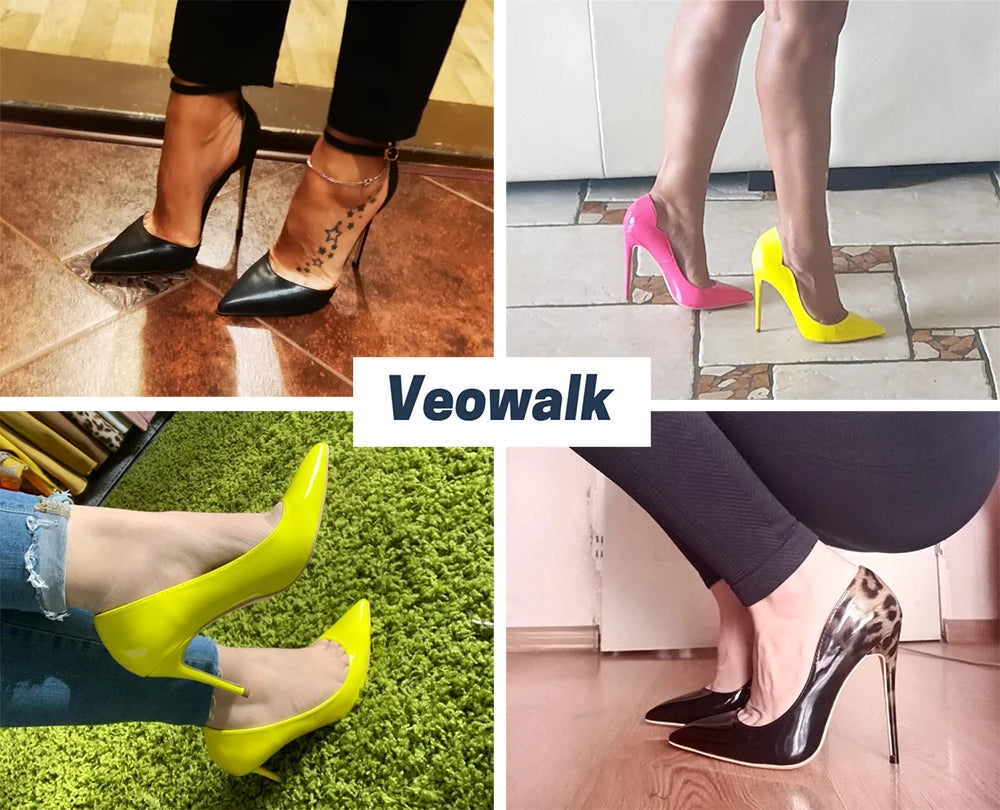 Veowalk All Black Women Satin Silk Pointy Toe Stiletto Pumps Elegant Ladies Formal Dress Slip On High Heel Shoes 8cm 10cm 12cm