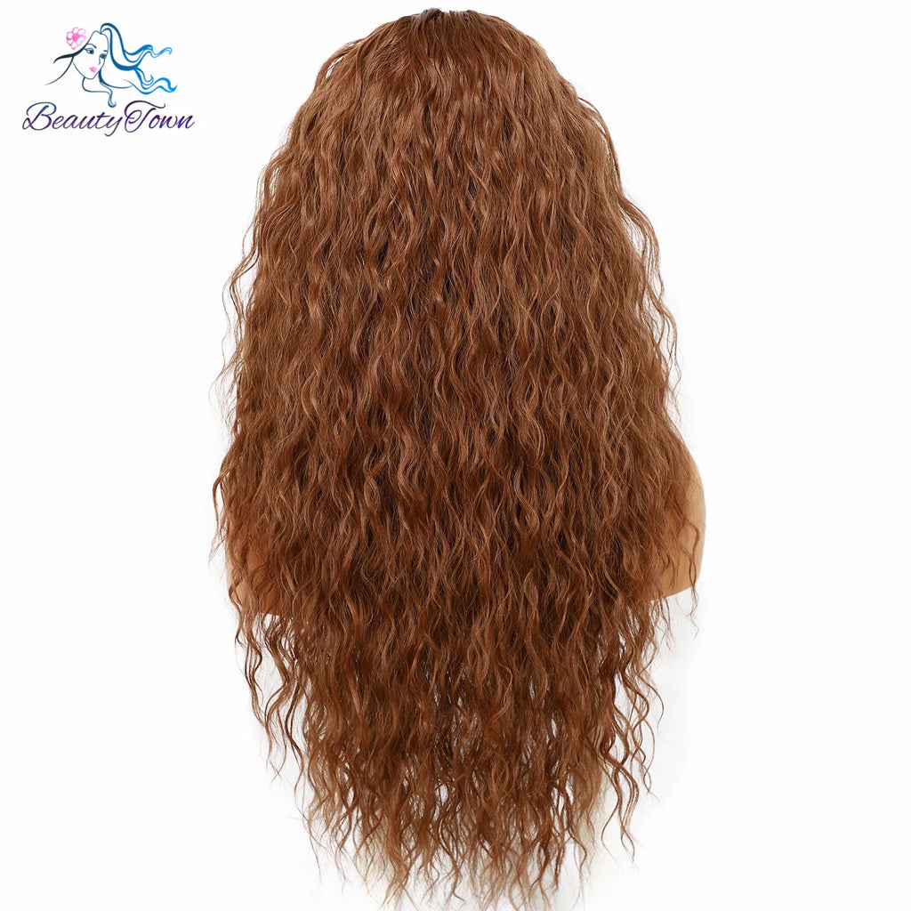 Synthetic Headband Wig for Women Kinky Curly Long Brown #30 Color Daily Wedding Party Travel Holiday Easy Wear Hair 2 Free Bands