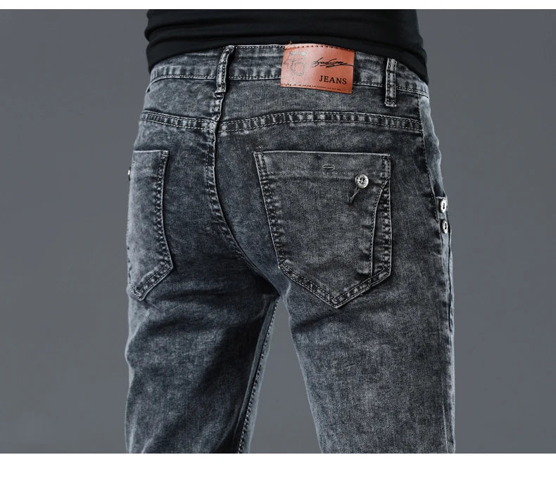 Trendy Men Skinny Jeans Retro Washed Snowflake Slim Fit Type Classic Simple Casual Fashion Street Skateboarding Denim Pants