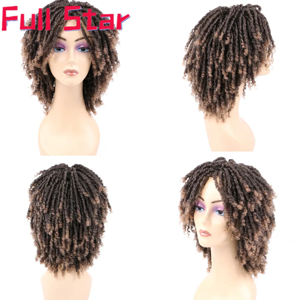 Full Star 14“ Dreadlock Curly Wigs for Black Woman Ombre Burgundy Brown Color Short Curly Soul Locs Braids Wigs Party Daily Use