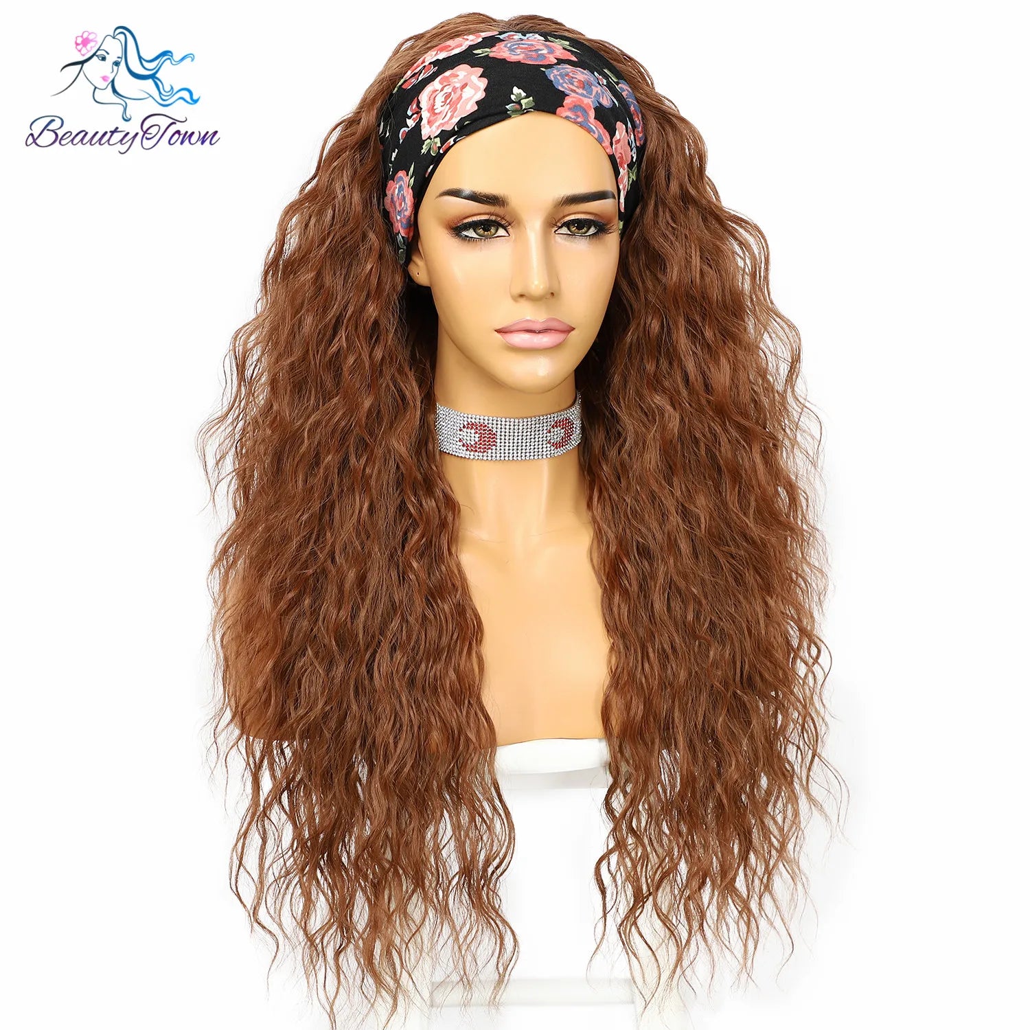 Synthetic Headband Wig for Women Kinky Curly Long Brown #30 Color Daily Wedding Party Travel Holiday Easy Wear Hair 2 Free Bands
