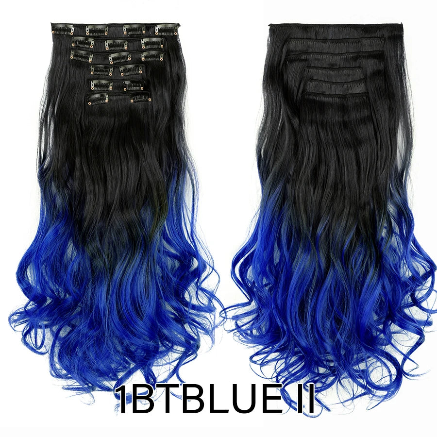 Clip-In Hair Extensions Syntetic Hair 22Inch Long Wave Hair Extensions Ombre Cclip-In One Piece 6Pcs/Set Fake Hairpiece