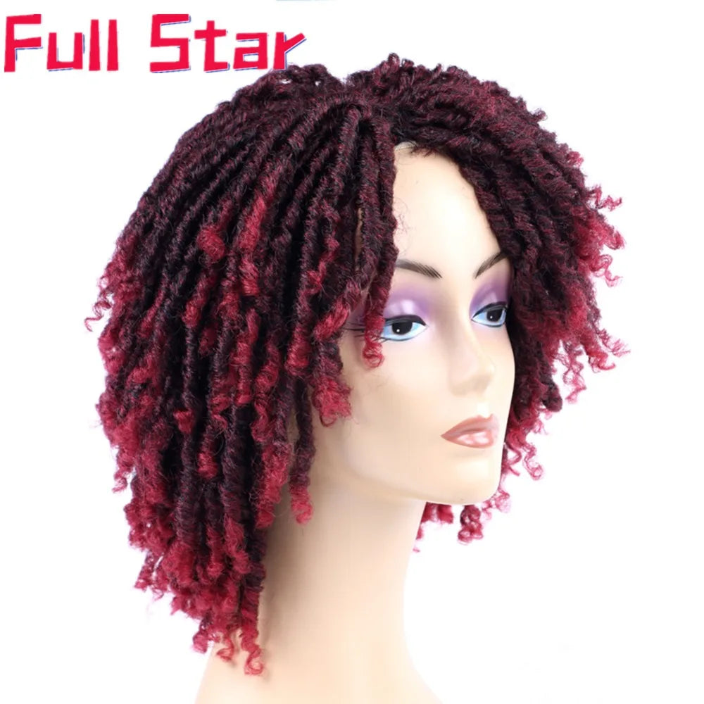 Full Star 14“ Dreadlock Curly Wigs for Black Woman Ombre Burgundy Brown Color Short Curly Soul Locs Braids Wigs Party Daily Use