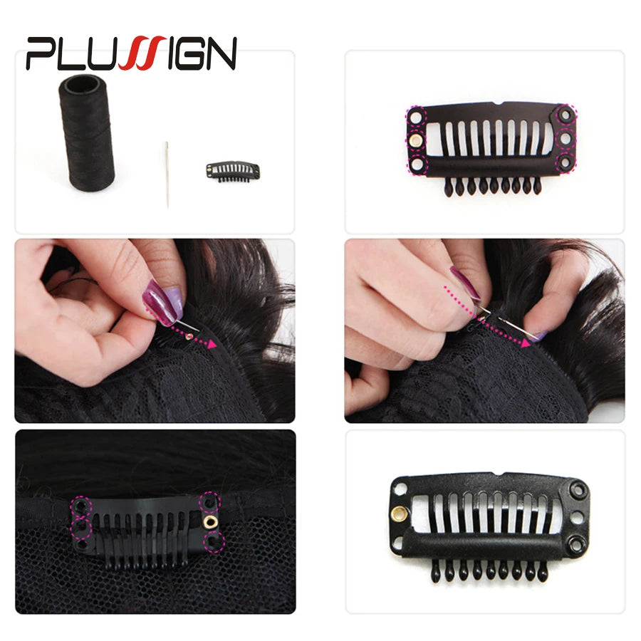 Plussign 10Pcs/Lot Brown Black Rubber Wig Clips and Combs For Hair Extensions 32mm Wire Shape Wig Cap Clips For Sale