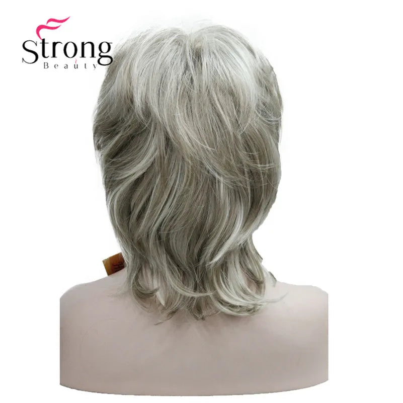 StrongBeauty Short Layered Brown with Blonde Highlighted Classic Cap Full Synthetic Wig Women's Hair Wigs for Women