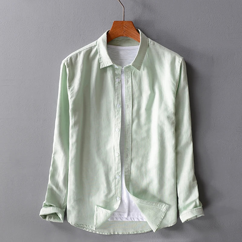 New style sky blue shirt men brand linen solid fashion long sleeve square collar cotton shirts for men camisas chemise