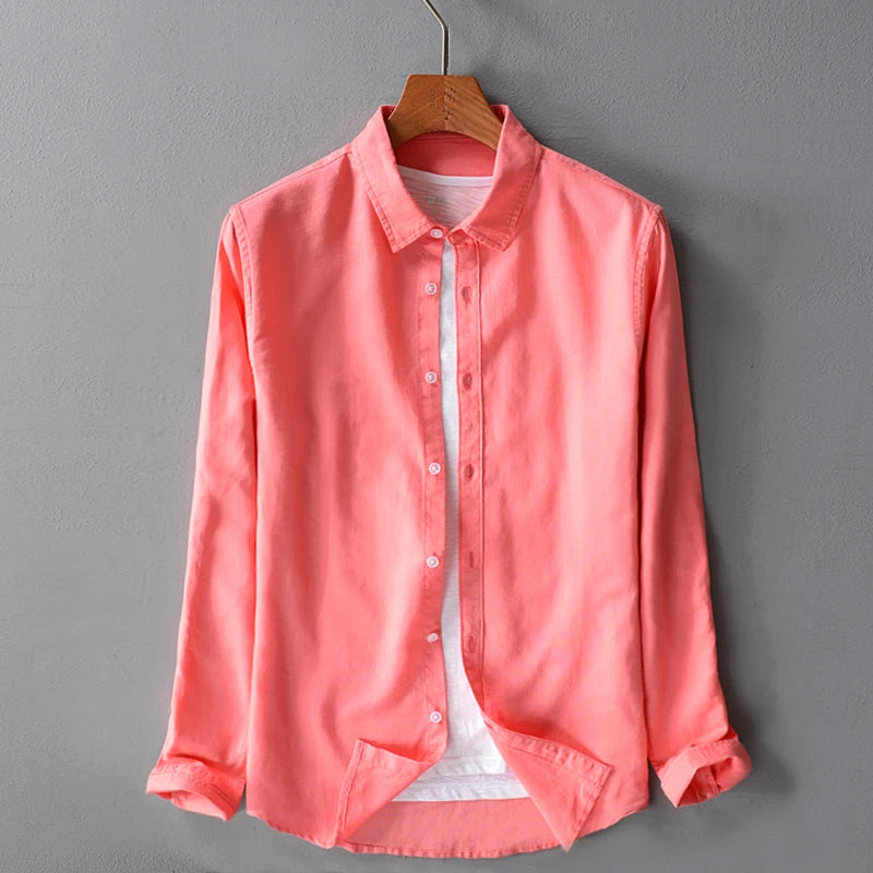 New style sky blue shirt men brand linen solid fashion long sleeve square collar cotton shirts for men camisas chemise