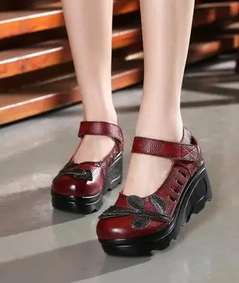 Handmade 2026 Spring Autumn Ethnic Comfortable Women Wedges Genuine Leather Women's Shoes round toe Platform high heels pumps