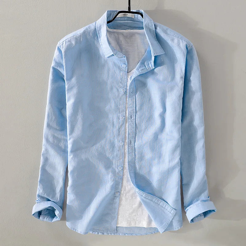 New style sky blue shirt men brand linen solid fashion long sleeve square collar cotton shirts for men camisas chemise