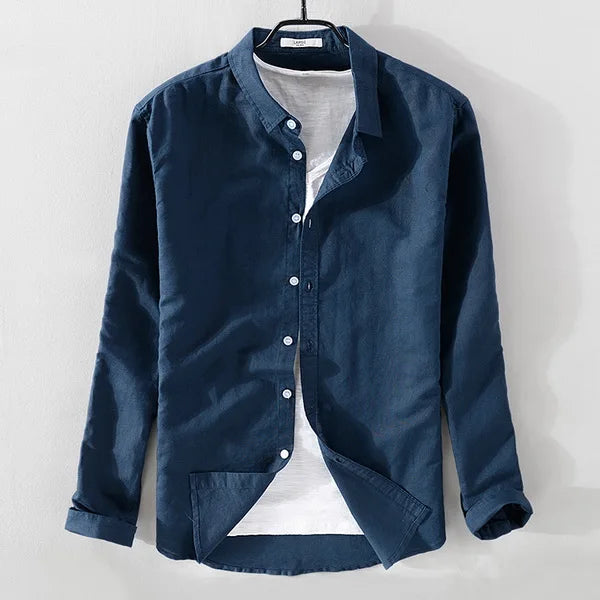 New style sky blue shirt men brand linen solid fashion long sleeve square collar cotton shirts for men camisas chemise