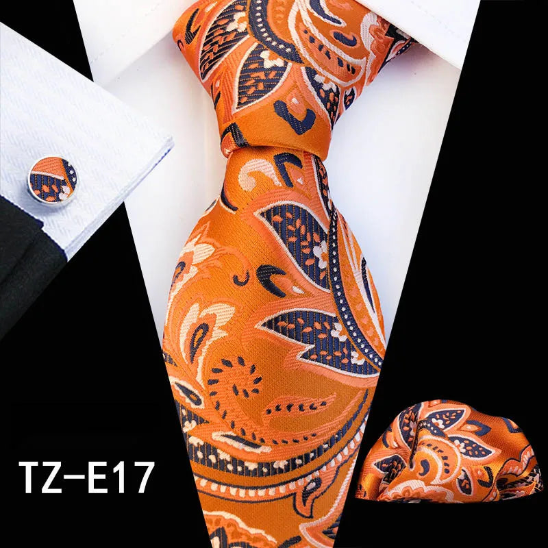Ricnais Fashion 8cm Men's Silk Tie Set Red Green Floral Handkershief Cufflinks Necktie Suit Business Wedding Neck Ties Set Gift