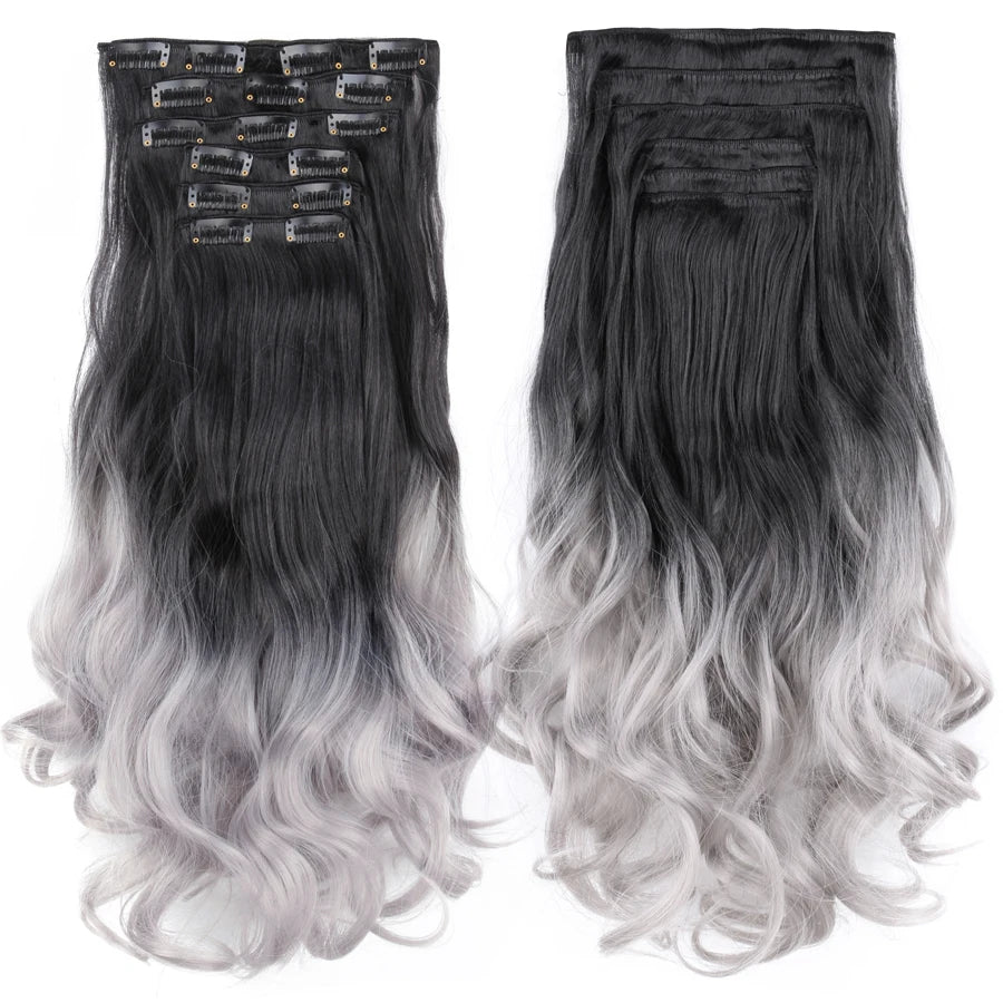 Clip-In Hair Extensions Syntetic Hair 22Inch Long Wave Hair Extensions Ombre Cclip-In One Piece 6Pcs/Set Fake Hairpiece