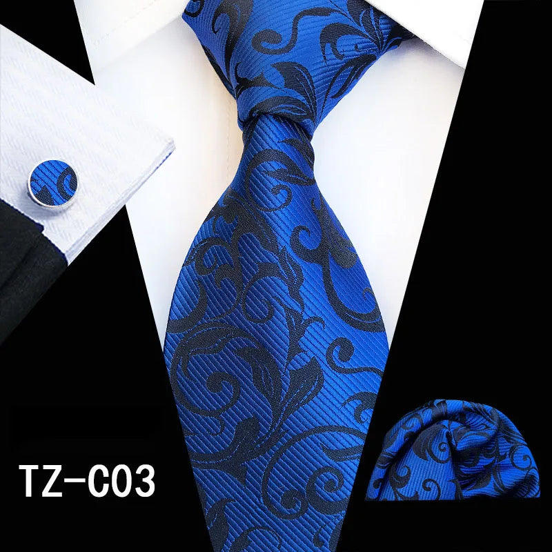 Ricnais Fashion 8cm Men's Silk Tie Set Red Green Floral Handkershief Cufflinks Necktie Suit Business Wedding Neck Ties Set Gift