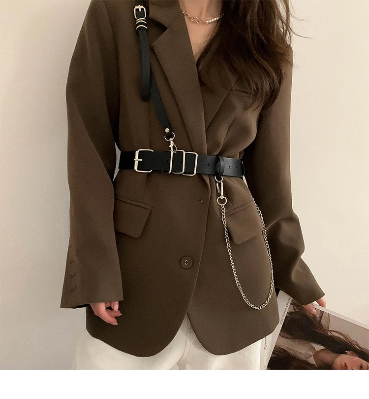 Punk Belt Women Dress Wide Chain Waistband Leather harness Ladies Corset Fashion Waist Belts Casual Dress PJ437
