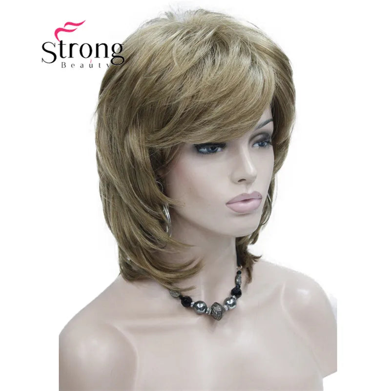 StrongBeauty Short Layered Brown with Blonde Highlighted Classic Cap Full Synthetic Wig Women's Hair Wigs for Women