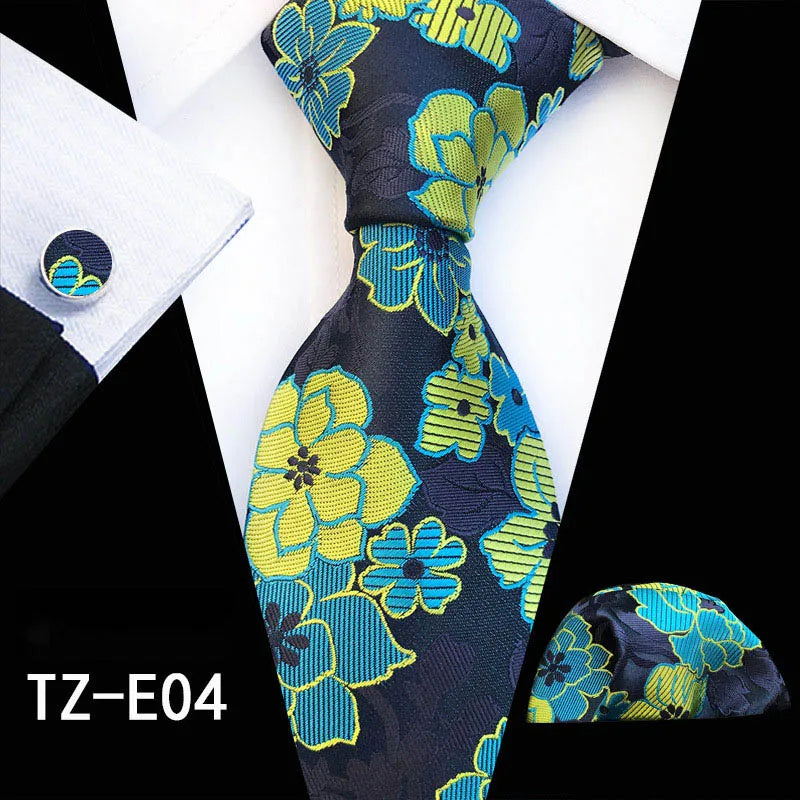 Ricnais Fashion 8cm Men's Silk Tie Set Red Green Floral Handkershief Cufflinks Necktie Suit Business Wedding Neck Ties Set Gift