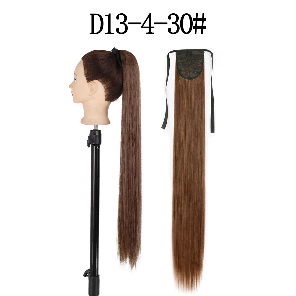 LISI GIRL Synthetic 34" 22" Long Straight Ribbon Fake Ponytails Clip on Hair Tail Extensions Black Hair Pieces With Hairpins