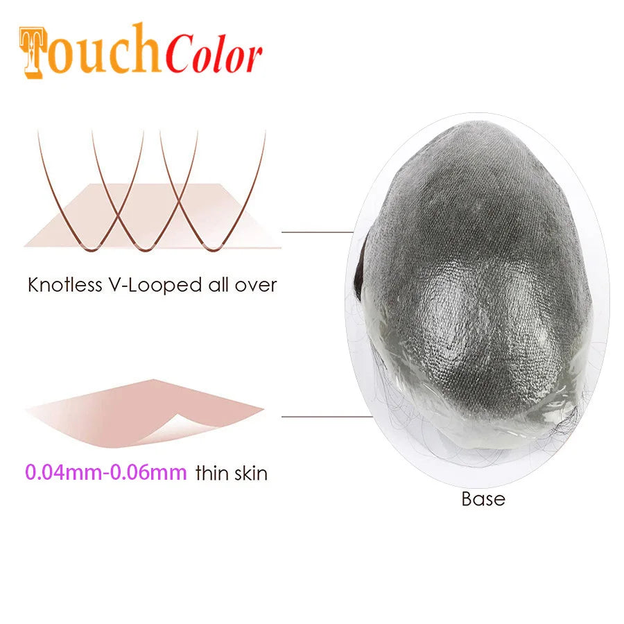Men Toupees Real Hair Replacement Systems Thin Skin base Indian Human Remy Hair Toupee with Tapes Hairpiece Male Wig Touchcolor
