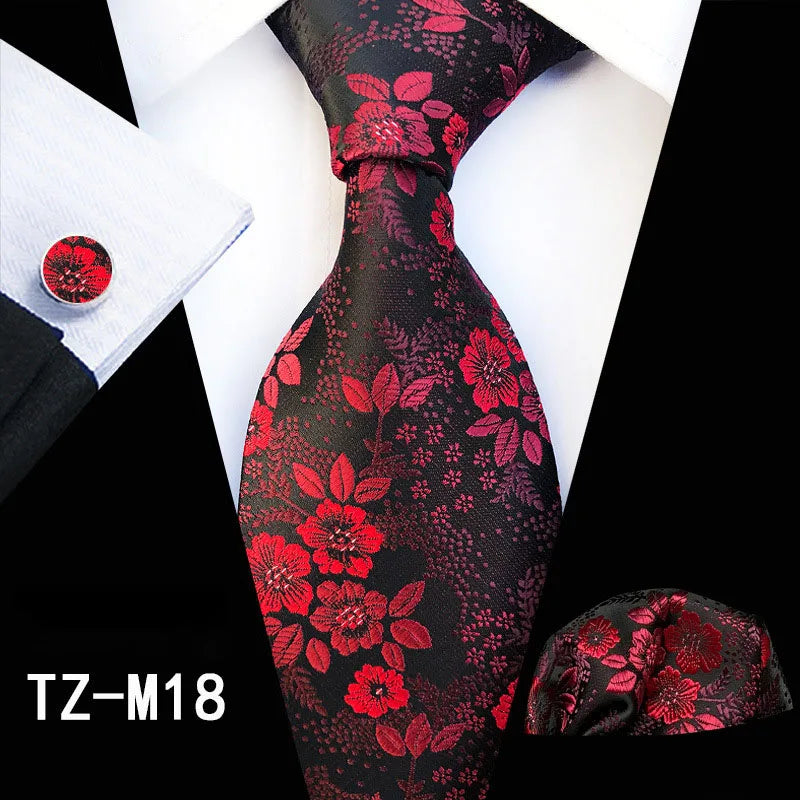 Ricnais Fashion 8cm Men's Silk Tie Set Red Green Floral Handkershief Cufflinks Necktie Suit Business Wedding Neck Ties Set Gift