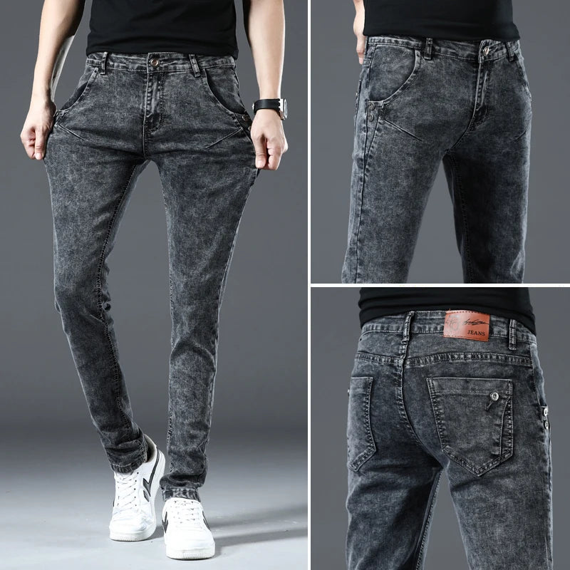 Trendy Men Skinny Jeans Retro Washed Snowflake Slim Fit Type Classic Simple Casual Fashion Street Skateboarding Denim Pants
