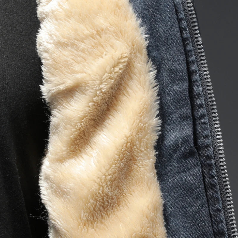 Men Fleece Thick Streetwear Denim Jackets Men Vintage Blue Bomber  Jacket Male Outwear Plus Velvet Windbreaker Coats