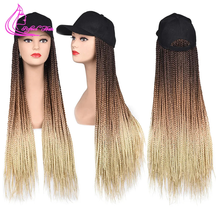 Synthetic Hat Wig Baseball Cap with Braiding Hair 24inch Long Braids Wigs Women Girls Daily Wear Ombre Blue Grey Brown Blonde