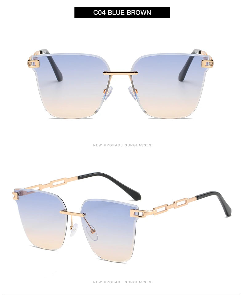 New Sunglasses Women Rimless Cat Eye Eyewear Gradient Brown Cutting Lens Sun Glasses For Female Alloy Eyeglasses Brand Designer