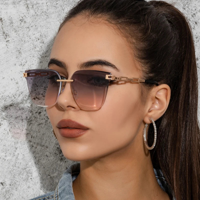 New Sunglasses Women Rimless Cat Eye Eyewear Gradient Brown Cutting Lens Sun Glasses For Female Alloy Eyeglasses Brand Designer