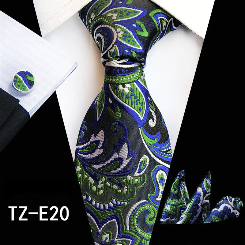 Ricnais Fashion 8cm Men's Silk Tie Set Red Green Floral Handkershief Cufflinks Necktie Suit Business Wedding Neck Ties Set Gift