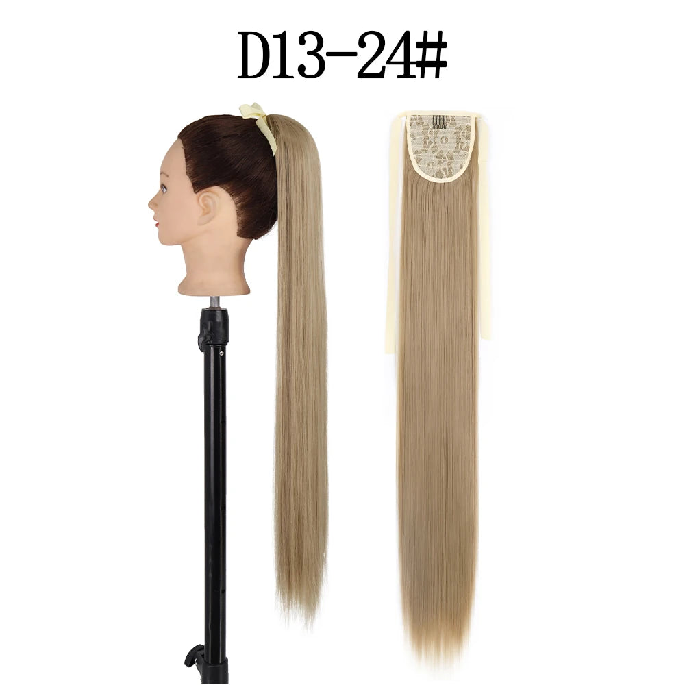 LISI GIRL Synthetic 34" 22" Long Straight Ribbon Fake Ponytails Clip on Hair Tail Extensions Black Hair Pieces With Hairpins