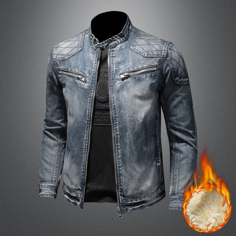 Men Fleece Thick Streetwear Denim Jackets Men Vintage Blue Bomber  Jacket Male Outwear Plus Velvet Windbreaker Coats