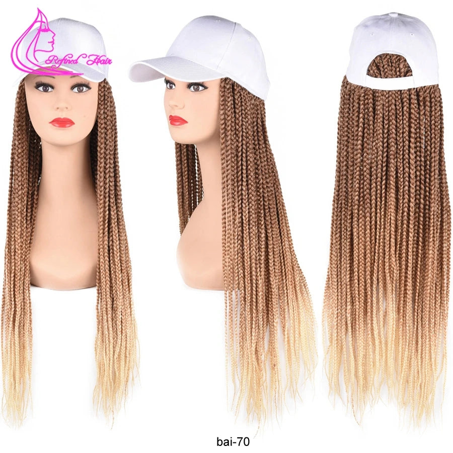 Synthetic Hat Wig Baseball Cap with Braiding Hair 24inch Long Braids Wigs Women Girls Daily Wear Ombre Blue Grey Brown Blonde