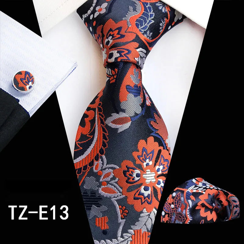 Ricnais Fashion 8cm Men's Silk Tie Set Red Green Floral Handkershief Cufflinks Necktie Suit Business Wedding Neck Ties Set Gift